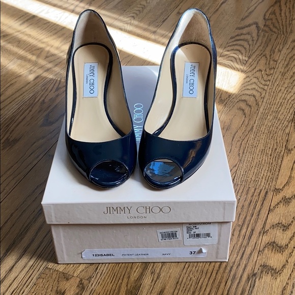 Jimmy Choo Shoes - Jimmy Choo Isabel Patent Navy Open Toe Pump 37